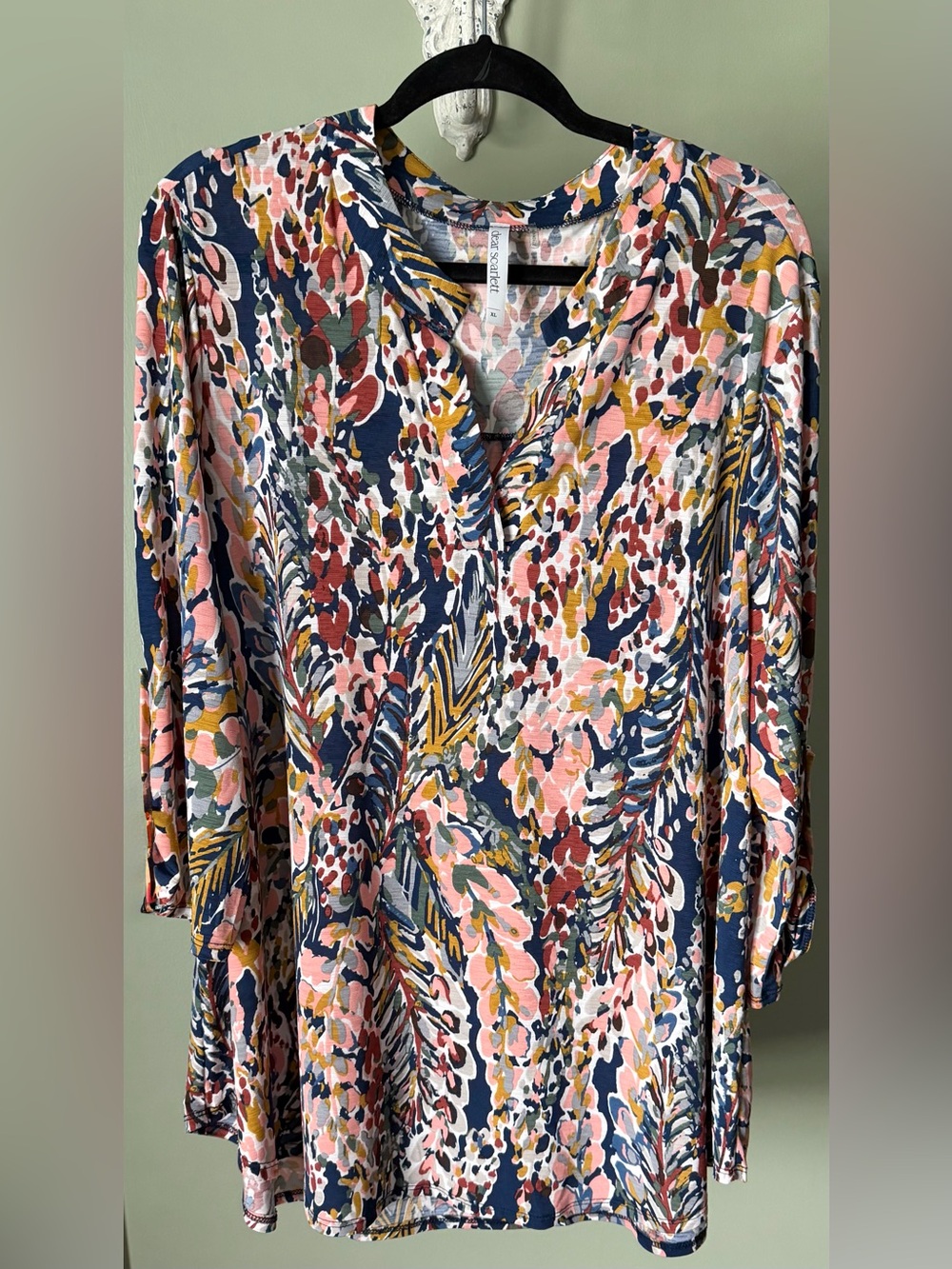 Women's Floral Split-Neck Tunic in Navy, Pink & Mustard